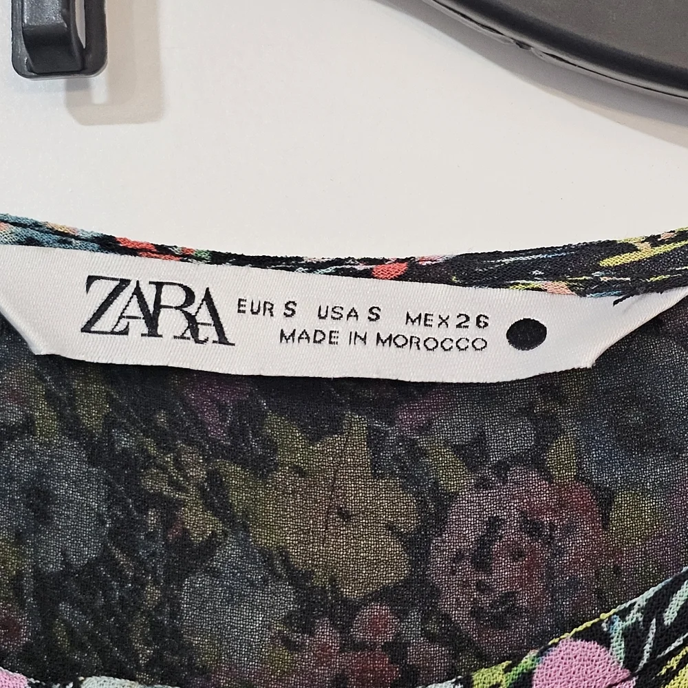 ZARA Black Flora Print long Sleeve Baby Doll Mini Dress Size Small Cottagecore - Picture 6 of 13